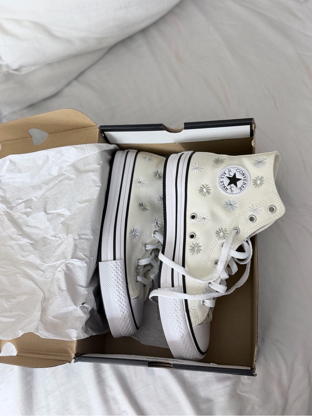 Converse Cream High Top Sneakers with Silver Starburst Detailing